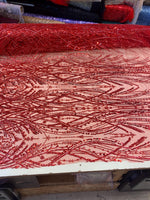 Load image into Gallery viewer, Red Luxury Sequin Fabric on Mesh Beaded Sequin Lace – Glamorous Evening Dress, Gown &amp; Couture Fabric by the Yard

