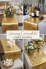 Load image into Gallery viewer, 12x108" GOLD CROCODILE VINYL Table Runner, Home Decor, Kitchen Decor, Hospitality Gift, Housewarming, Traditional, Modern, Rustic
