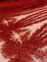 Load image into Gallery viewer, Red Celestial Fern Beaded Lace Fabric – Crystal Embroidered Tulle | Bridal, Evening Gown, Couture by the Yard
