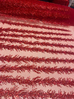 Load image into Gallery viewer, Red Celestial Fern Beaded Lace Fabric – Crystal Embroidered Tulle | Bridal, Evening Gown, Couture by the Yard
