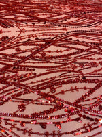 Load image into Gallery viewer, Red Luxury Sequin Fabric on Mesh Beaded Sequin Lace – Glamorous Evening Dress, Gown &amp; Couture Fabric by the Yard
