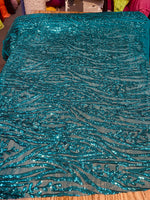 Load image into Gallery viewer, Aqua Sequin Vine Mesh Fabric | All-Over Sequin Embroidered Net | Glam Evening, Gown &amp; Dress Fabric | Sold by the Yard
