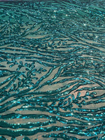 Load image into Gallery viewer, Teal Sequin Vine Mesh Fabric | All-Over Sequin Embroidered Net | Glam Evening, Gown &amp; Dress Fabric | Sold by the Yard
