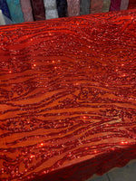 Load image into Gallery viewer, Red Sequin Vine Mesh Fabric | All-Over Sequin Embroidered Net | Glam Evening, Gown &amp; Dress Fabric | Sold by the Yard
