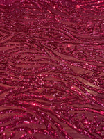 Load image into Gallery viewer, Fuchsia Sequin Vine Mesh Fabric | All-Over Sequin Embroidered Net | Glam Evening, Gown &amp; Dress Fabric | Sold by the Yard
