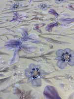 Load image into Gallery viewer, Lavender Mist Beaded Butterfly Floral Sheer Fabric – 3D Embroidered Mesh with Sequins
