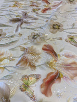 Load image into Gallery viewer, Orange Mist Beaded Butterfly Floral Sheer Fabric – 3D Embroidered Mesh with Sequins
