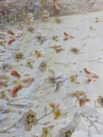 Load image into Gallery viewer, Orange Mist Beaded Butterfly Floral Sheer Fabric – 3D Embroidered Mesh with Sequins
