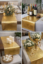 Load image into Gallery viewer, 12x108" GOLD CROCODILE VINYL Table Runner, Home Decor, Kitchen Decor, Hospitality Gift, Housewarming, Traditional, Modern, Rustic
