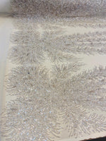 Load image into Gallery viewer, White Celestial Fern Beaded Lace Fabric – Crystal Embroidered Tulle | Bridal, Evening Gown, Couture by the Yard
