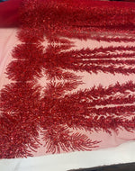 Load image into Gallery viewer, Red Celestial Fern Beaded Lace Fabric – Crystal Embroidered Tulle | Bridal, Evening Gown, Couture by the Yard
