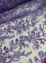 Load image into Gallery viewer, Purple Blossom Couture Lace Fabric Embroidered Sequin Floral Lace by the Yard, Luxury Wedding &amp; Table Decor Fabric
