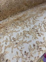 Load image into Gallery viewer, Beige Blossom Couture Lace Fabric  Embroidered Sequin Floral Lace by the Yard, Luxury Wedding &amp; Table Decor Fabric
