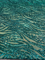 Load image into Gallery viewer, Teal Sequin Vine Mesh Fabric | All-Over Sequin Embroidered Net | Glam Evening, Gown &amp; Dress Fabric | Sold by the Yard

