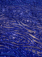 Load image into Gallery viewer, Blue Sequin Vine Mesh Fabric | All-Over Sequin Embroidered Net | Glam Evening, Gown &amp; Dress Fabric | Sold by the Yard
