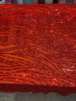 Load image into Gallery viewer, Red Sequin Vine Mesh Fabric | All-Over Sequin Embroidered Net | Glam Evening, Gown &amp; Dress Fabric | Sold by the Yard
