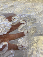 Load image into Gallery viewer, Luxury White 3D Ribbon Embroidered Organza Fabric – Sheer Floral Textured Fabric – Bridal, Couture, Wedding, Evening Wear

