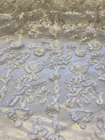 Load image into Gallery viewer, Luxury White 3D Ribbon Embroidered Organza Fabric – Sheer Floral Textured Fabric – Bridal, Couture, Wedding, Evening Wear
