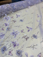 Load image into Gallery viewer, Lavender Mist Beaded Butterfly Floral Sheer Fabric – 3D Embroidered Mesh with Sequins
