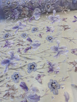 Load image into Gallery viewer, Lavender Mist Beaded Butterfly Floral Sheer Fabric – 3D Embroidered Mesh with Sequins
