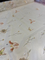 Load image into Gallery viewer, Orange Mist Beaded Butterfly Floral Sheer Fabric – 3D Embroidered Mesh with Sequins
