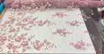 Load image into Gallery viewer, Mauve 3d floral design ,embroider with pearls mesh lace scalloped, sold by the yard 54” wide
