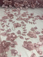 Load image into Gallery viewer, Mauve 3d floral design ,embroider with pearls mesh lace scalloped, sold by the yard 54” wide
