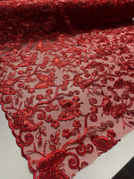 Load image into Gallery viewer, Red Butterfly Sequin Lace Fabric – 3D Embroidered Floral Mesh – Couture Beaded Tulle – Prom Dress, Evening Gown, Bridal, Formal Wear Fabric
