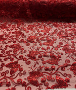 Load image into Gallery viewer, Red Butterfly Sequin Lace Fabric – 3D Embroidered Floral Mesh – Couture Beaded Tulle – Prom Dress, Evening Gown, Bridal, Formal Wear Fabric
