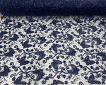Load image into Gallery viewer, Navy Butterfly Sequin Lace Fabric – 3D Embroidered Floral Mesh – Couture Beaded Tulle – Prom Dress, Evening Gown, Bridal, Formal Wear Fabric
