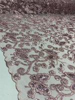 Load image into Gallery viewer, Dusty Rose Butterfly Sequin Lace Fabric – 3D Embroidered Floral Mesh – Couture Beaded Tulle – Prom Dress, Evening Gown, Bridal, Formal Wear
