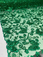Load image into Gallery viewer, Kelly Green Butterfly Sequin Lace Fabric – 3D Embroidered Floral Mesh – Couture Beaded Tulle – Prom Dress, Evening Gown, Bridal, Formal Wear
