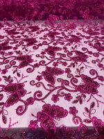 Load image into Gallery viewer, Fuchsia Butterfly Sequin Lace Fabric – 3D Embroidered Floral Mesh – Couture Beaded Tulle – Prom Dress, Evening Gown, Bridal, Formal Wear
