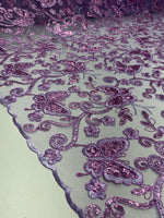 Load image into Gallery viewer, Lavender Butterfly Sequin Lace Fabric – 3D Embroidered Floral Mesh – Couture Beaded Tulle – Prom Dress, Evening Gown, Bridal, Formal Wear
