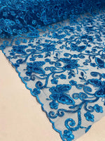 Load image into Gallery viewer, Turquoise Butterfly Sequin Lace Fabric – 3D Embroidered Floral Mesh – Couture Beaded Tulle – Prom Dress, Evening Gown, Bridal, Formal Wear
