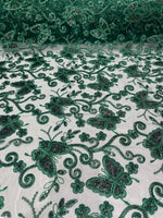 Load image into Gallery viewer, Emerald Butterfly Sequin Lace Fabric – 3D Embroidered Floral Mesh – Couture Beaded Tulle – Prom Dress, Evening Gown, Bridal, Formal Wear
