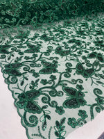 Load image into Gallery viewer, Emerald Butterfly Sequin Lace Fabric – 3D Embroidered Floral Mesh – Couture Beaded Tulle – Prom Dress, Evening Gown, Bridal, Formal Wear
