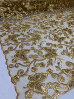 Load image into Gallery viewer, Gold Butterfly Sequin Lace Fabric – 3D Embroidered Floral Mesh – Couture Beaded Tulle – Prom Dress, Evening Gown, Bridal, Formal Wear
