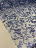 Load image into Gallery viewer, Blue Butterfly Sequin Lace Fabric – 3D Embroidered Floral Mesh – Couture Beaded Tulle – Prom Dress, Evening Gown, Bridal, Formal Wear

