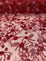 Load image into Gallery viewer, Red 3D Floral Beaded Lace Fabric – Heavy Sequin Embroidered Mesh – Couture Bridal, Prom Dress, Evening Gown, Wedding Lace by the Yard
