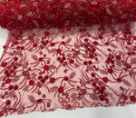 Load image into Gallery viewer, Red 3D Floral Beaded Lace Fabric – Heavy Sequin Embroidered Mesh – Couture Bridal, Prom Dress, Evening Gown, Wedding Lace by the Yard
