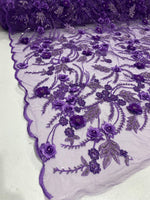 Load image into Gallery viewer, Purple 3D Floral Beaded Lace Fabric – Heavy Sequin Embroidered Mesh – Couture Bridal, Prom Dress, Evening Gown, Wedding Lace by the Yard
