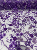 Load image into Gallery viewer, Purple 3D Floral Beaded Lace Fabric – Heavy Sequin Embroidered Mesh – Couture Bridal, Prom Dress, Evening Gown, Wedding Lace by the Yard
