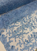Load image into Gallery viewer, Blue Blossom Couture Lace Fabric – Embroidered Sequin Floral Lace by the Yard, Luxury Wedding &amp; Table Decor Fabric
