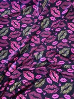 Load image into Gallery viewer, Wild Kiss Leopard Lips Satin Spandex Fabric – Pink &amp; Gold Lip Print on Black Stretch Fabric – Rave, Bodysuit, Dancewear, Leggings Material

