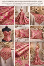 Load image into Gallery viewer, Gold Floral Brocade Fabric on Hot Pink Satin – Elegant Jacquard Flower Fabric by the Yard – Sewing, Dresses, Decor, Costumes

