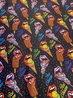 Load image into Gallery viewer, Ice Cream Lips Spandex Fabric – 4 Way Stretch Knit – Popsicle &amp; Sprinkle Print – Rave, Swimwear, Bodysuit Fabric by the Yard
