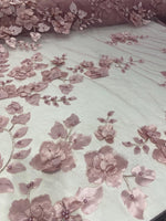 Load image into Gallery viewer, Mauve 3d floral design ,embroider with pearls mesh lace scalloped, sold by the yard 54” wide
