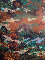 Load image into Gallery viewer, Green/Light Brown camouflage Broken Glass Spandex Metallic foil Fabric by the yard
