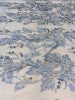 Load image into Gallery viewer, Blue Beaded Feather Lace Fabric – Pearl Embroidered Bridal Lace on Mesh – Couture Dress, Prom Gown, Wedding Fabric Sold by Yard
